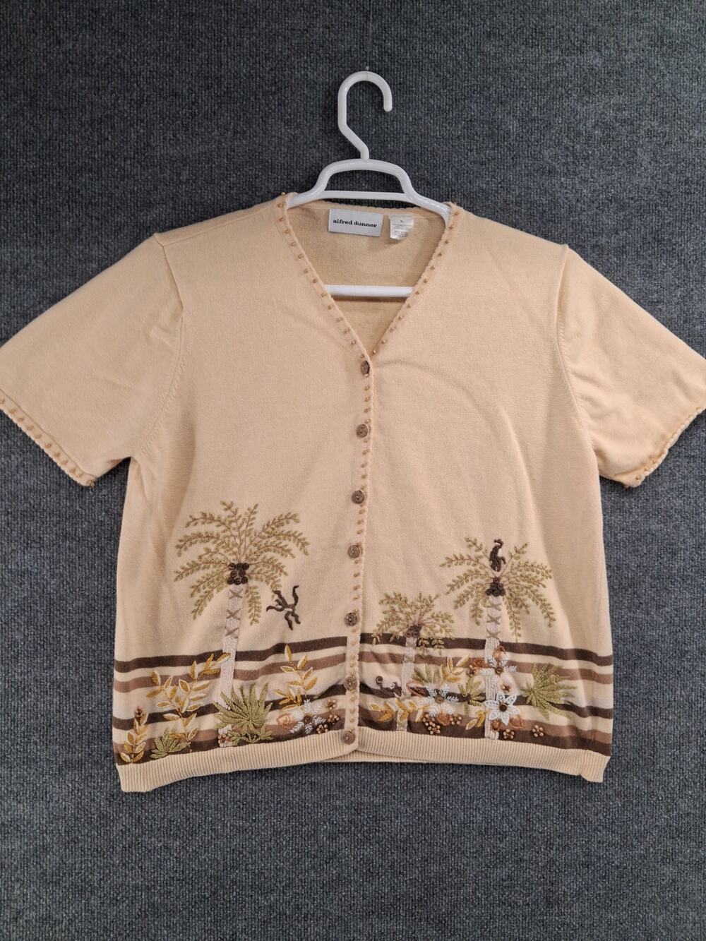 Alfred Dunner Knit Top Womens XL Short Sleeve Yellow Tropical Monkey Embroidered